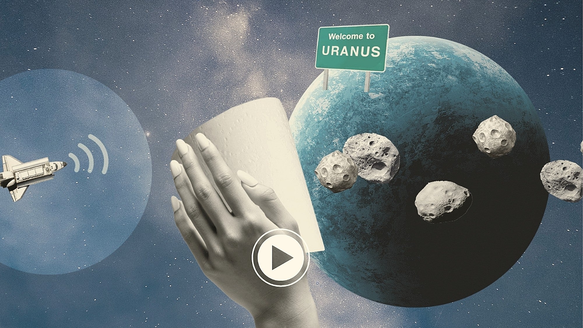 Welcome to Uranus sign with toilet paper in female hands
